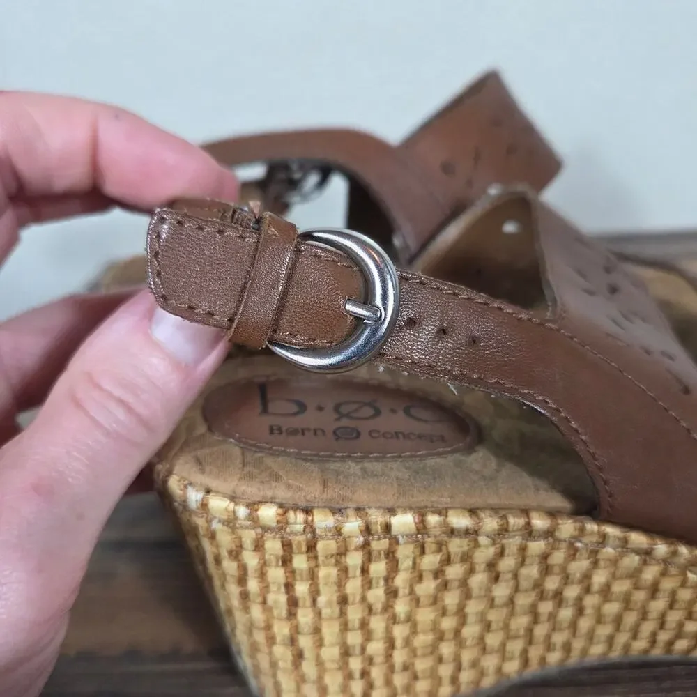Born Concept Woman's Brown Leather Wedge Heel Tan Weave Sandal Size 9 Boho Indie
